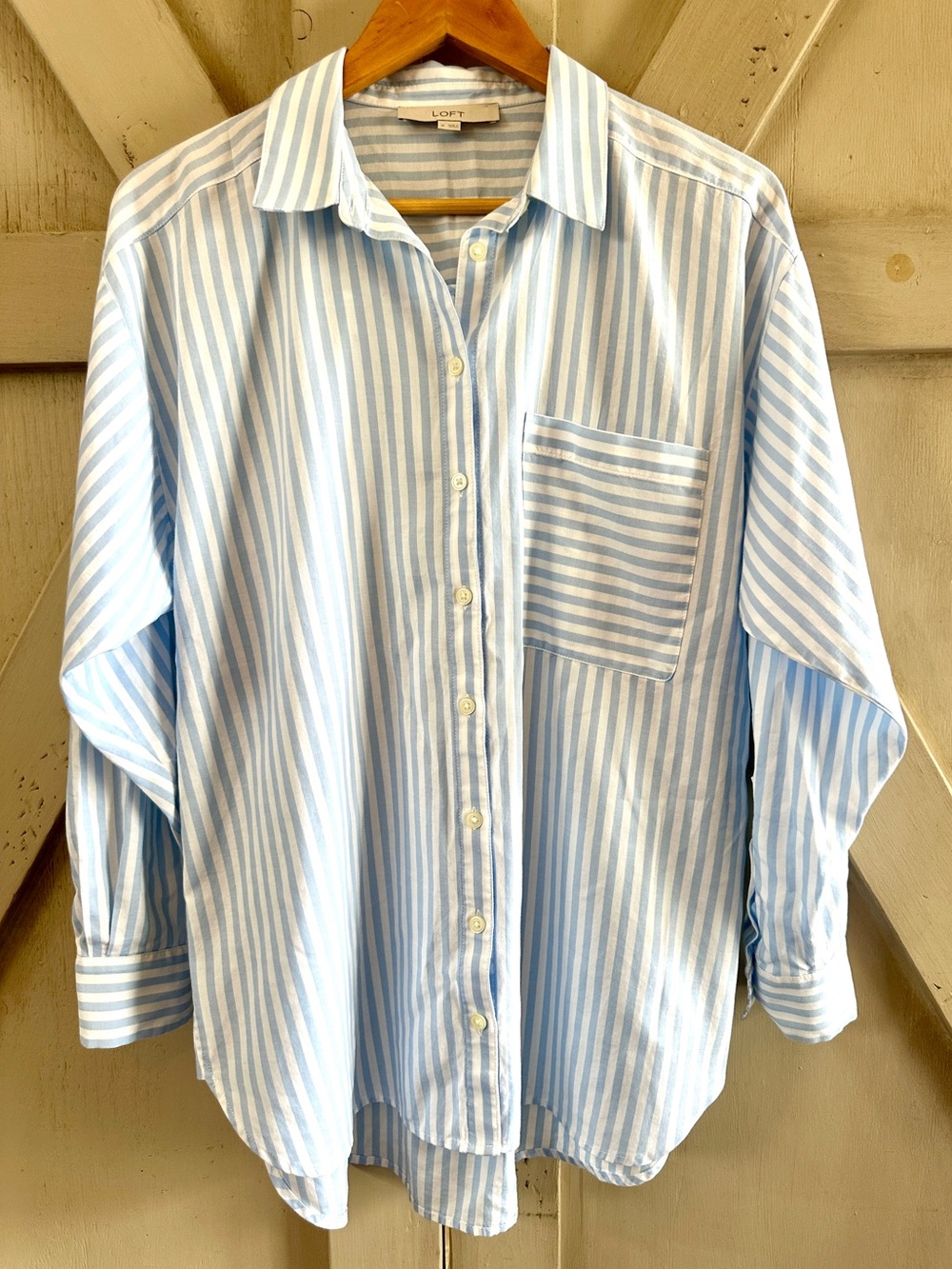 LOFT Blue White Striped Button Front Oversized Cotton Shirt Women’s Medium